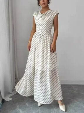 Zara Summer Chiffon Stripe Print Short Sleeve Flared Long Dress